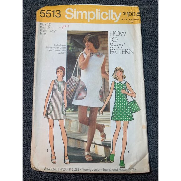 Simplicity 5513 Young Junior Teens Misses Mini-Dress 1970s Bag Sewing Pattern - Picture 1 of 2